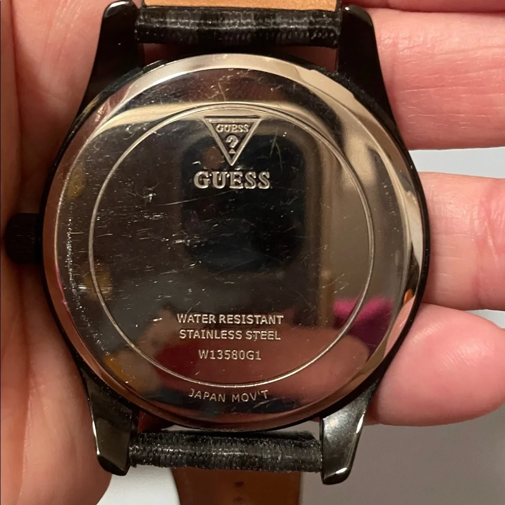 Guess Black Dial Day Date Watch Water Resistant Stainless Steel